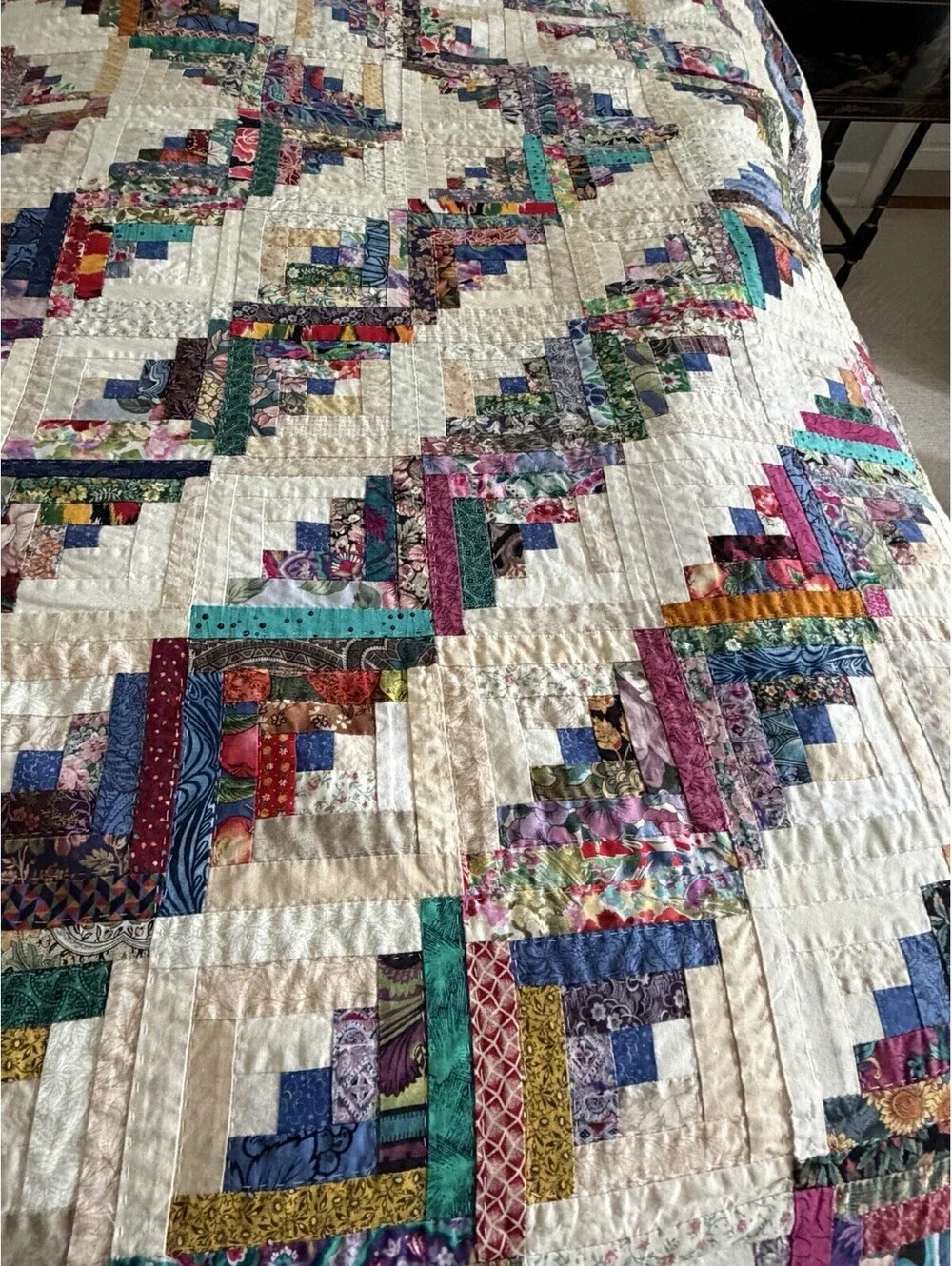 King 3pc Vintage Log Cabin Quilt Set Hand Quilted Scrappy Patchwork Shams 98x98